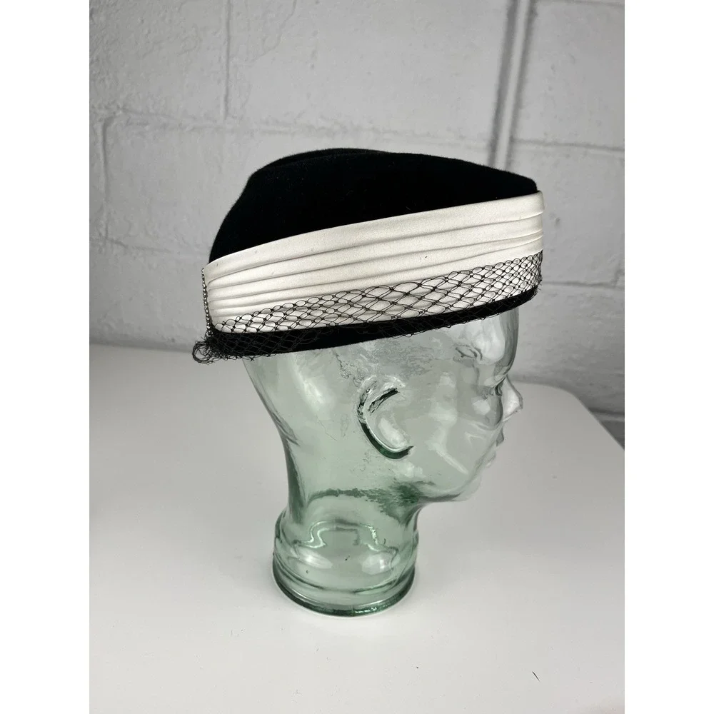 Vintage Pillbox Hat Satin Ribbon Black Ivory Rhinestone Accent Netting Wanamaker